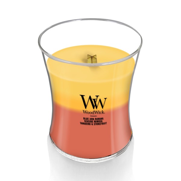 WoodWick Medium Tropical Sunrise Trilogy Hourglass Scented Candle, Crackles as it Burns, Blue Java Banana | Seaside Mimosa | Tamarind & Stonefruit, 9.7oz