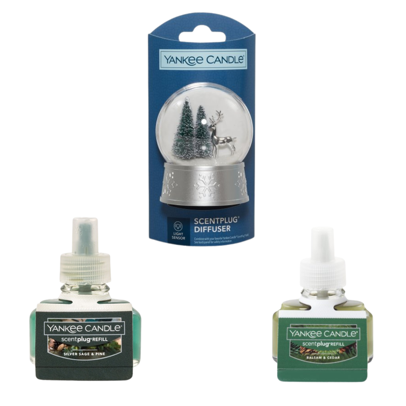 Yankee Candle Scent plug Diffuser Snow Globe With Light Sensor, Scent Plug Refill Silver Sage & Pine and Balsam & Cedar