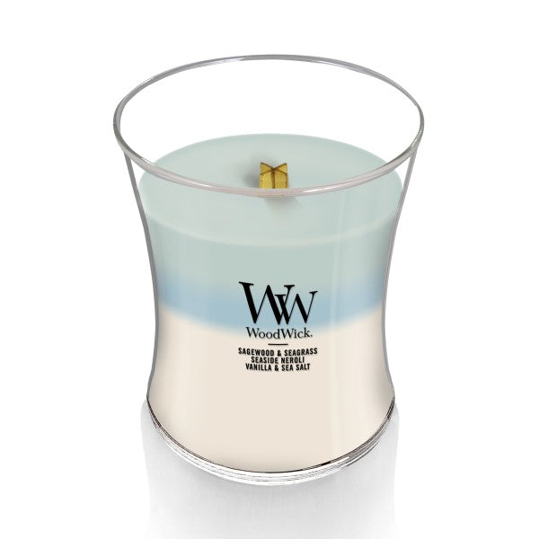 WoodWick Medium Oceanic Trilogy Hourglass Scented Candle, Crackles as it Burns, Sagewood & Seagrass | Seaside Neroli | Vanilla & Sea Salt, 9.7oz