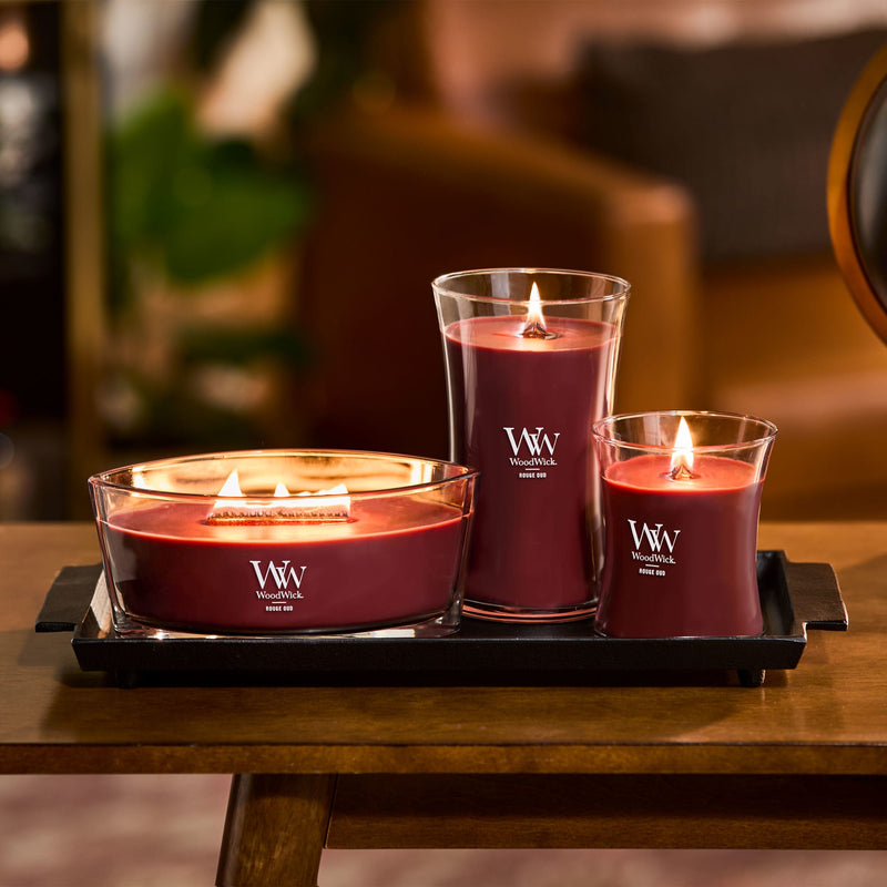 WoodWick Medium Hourglass Scented Candle, Crackles as it Burns, Rouge Oud, 9.7oz