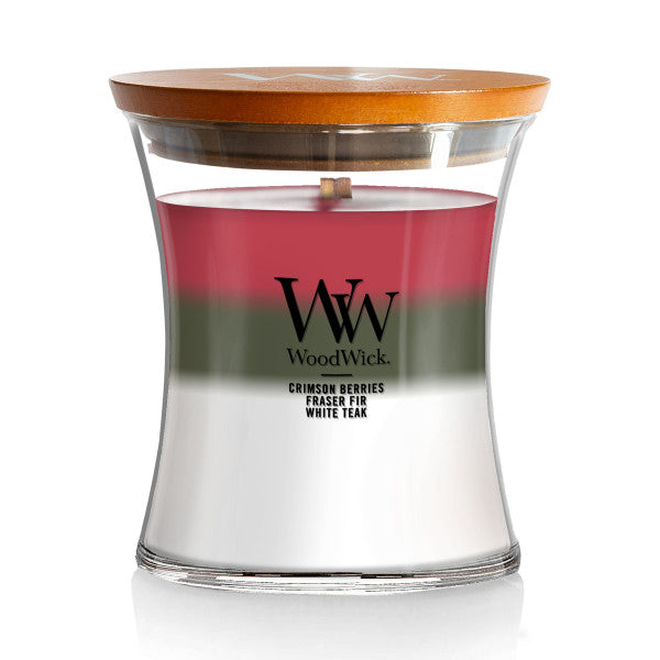 WoodWick Medium Winter Garland Trilogy Hourglass Scented Candle, Crackles as it Burns, Crimson Berries | Fraser Fir | White Teak, 9.7oz