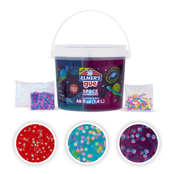 Elmer's Gue Premade Slime Bucket Variety Pack 3 Themes (Glassy Clear, Deep Gue Sea, Space Adventure), Includes 3 Buckets (3 LB & 1.5 LB), Multiple Slimes & 12 Sets of Unique Add-Ins, 1 CT Each