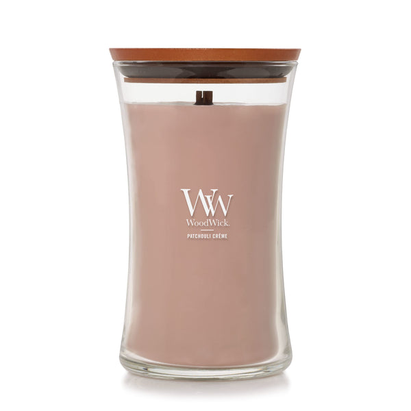 WoodWick Large Hourglass Scented Candle, Crackles as it Burns, Patchouli Crème, 21oz