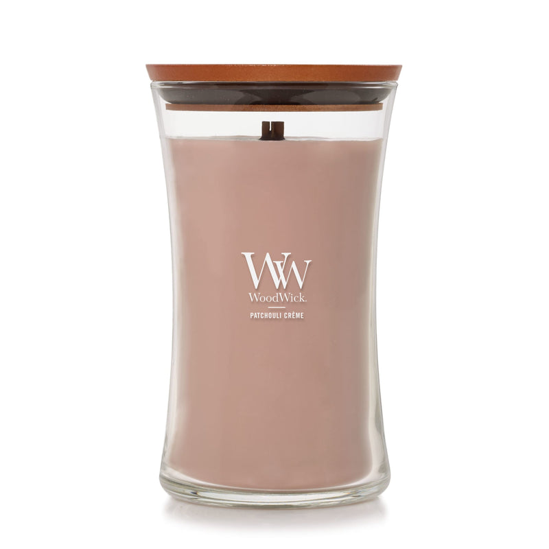 WoodWick Large Hourglass Scented Candle, Crackles as it Burns, Patchouli Crème, 21oz