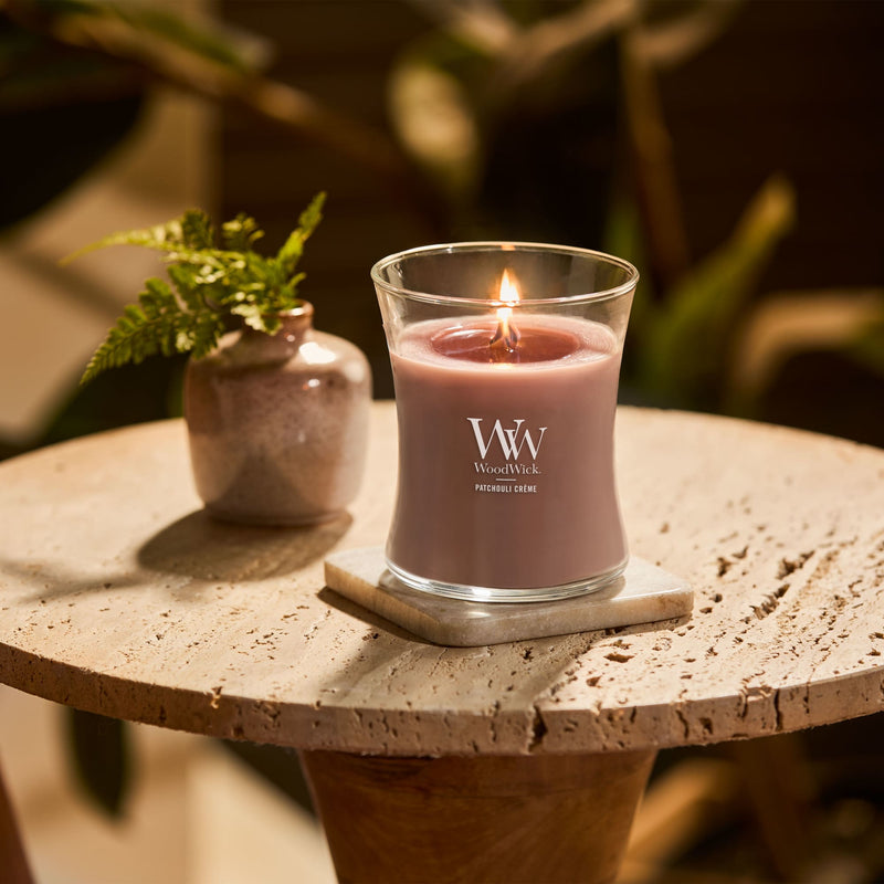 WoodWick Medium Hourglass Scented Candle, Crackles as it Burns, Patchouli Creme, 9.7oz