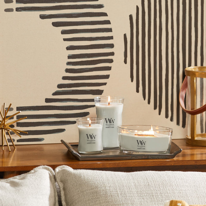 WoodWick Large Hourglass Scented Candle, Crackles as it Burns, Lavender & Cedar, 21oz