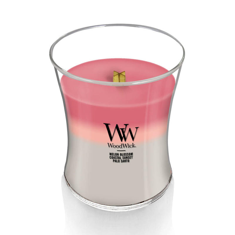WoodWick Medium Shoreline Trilogy Hourglass Scented Candle, Crackles as it Burns, Melon Blossom | Coastal Sunset | Palo Santo, 9.7oz