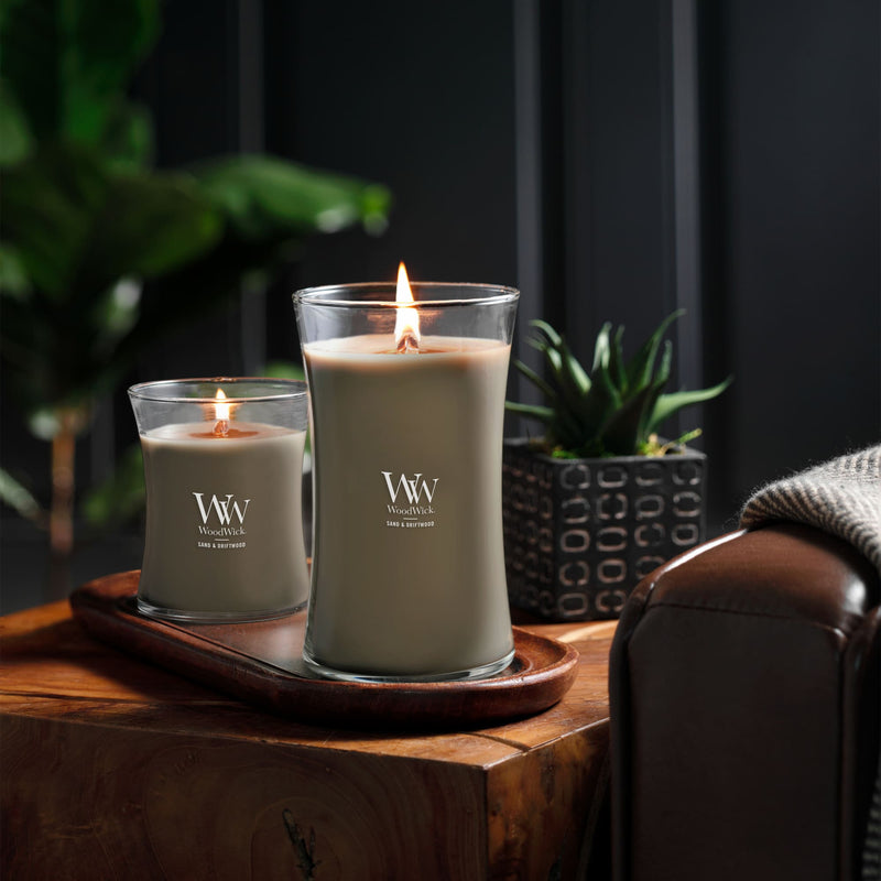 WoodWick Large Hourglass Scented Candle, Crackles as it Burns, Sand & Driftwood, 21oz