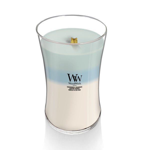 WoodWick Large Oceanic Trilogy Hourglass Scented Candle, Crackles as it Burns, Sagewood & Seagrass | Seaside Neroli | Vanilla & Sea Salt, 21oz