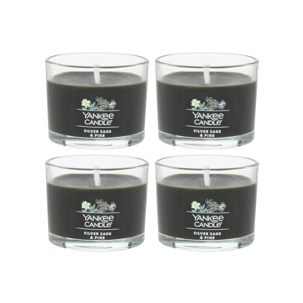 Yankee Candle Signature Votive Mini Candle Jar, Silver Sage & Pine Scent, Natural Soy Wax Blend Candle with Natural Fiber Wick, 1.3 OZ Glass Jar (Pack of 4)