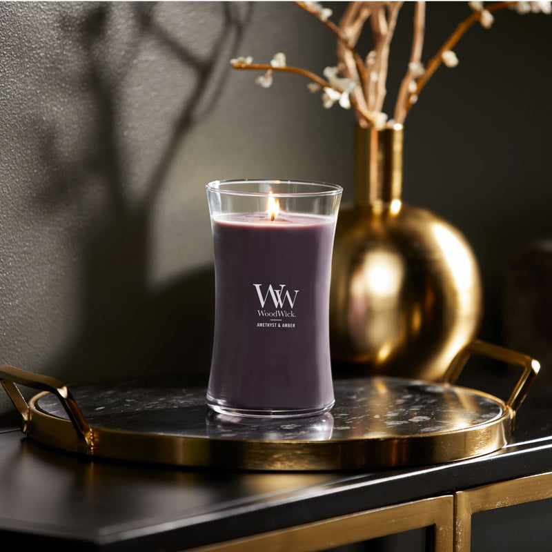 WoodWick Large Hourglass Scented Candle, Crackles as it Burns, Amethyst & Amber, 21oz