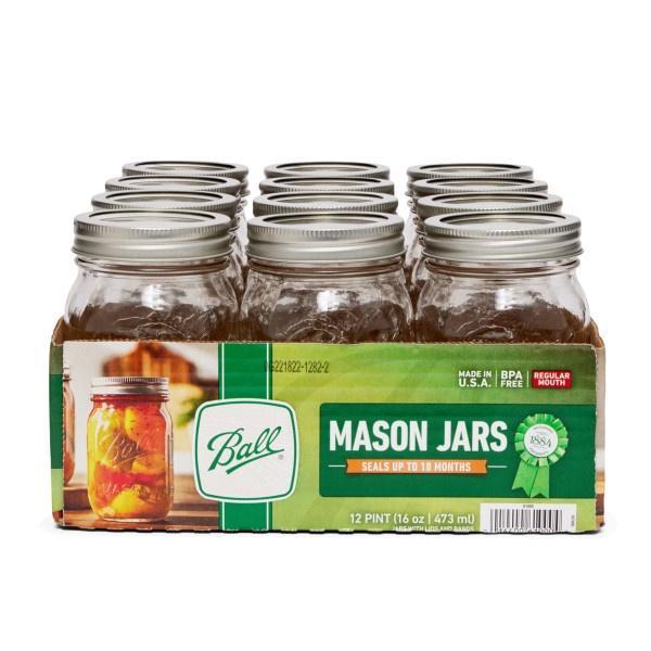 Ball Regular Mouth Glass Mason Jars with Lids and Bands, Used for Canning, Pickling, Juice, Jam, Jelly, 12 Pint Size 16 Ounce Jars + 12 Count, Lids/Bands