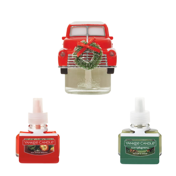 Yankee Candle Scent plug Diffuser Holiday Truck With Light Sensor, Scent Plug Refill Red Apple Wreath and Balsam & Cedar