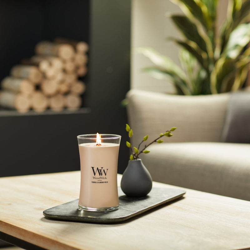 WoodWick Large Hourglass Scented Candle, Crackles as it Burns, Tonka & Almond, 21oz