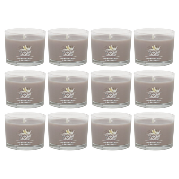 Yankee Candle Signature Votive Mini Candle Jar, Smoked Vanilla & Cashmere Scent, Natural Soy Wax Blend Candle with Natural Fiber Wick, 1.3 OZ Glass Jar (Pack of 12)