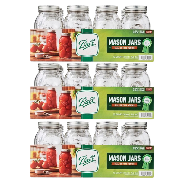 Ball Regular Mouth Glass Mason Jars with Lids and Bands, Used for Canning, Pickling, Juice, Jam, Jelly, Quart Size 32 Ounce (Pack of 36)