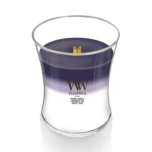 WoodWick Medium Evening Luxe Trilogy Hourglass Scented Candle, Crackles as it Burns, Hinoki Dahlia | Lavender Spa | White Teak, 9.7oz