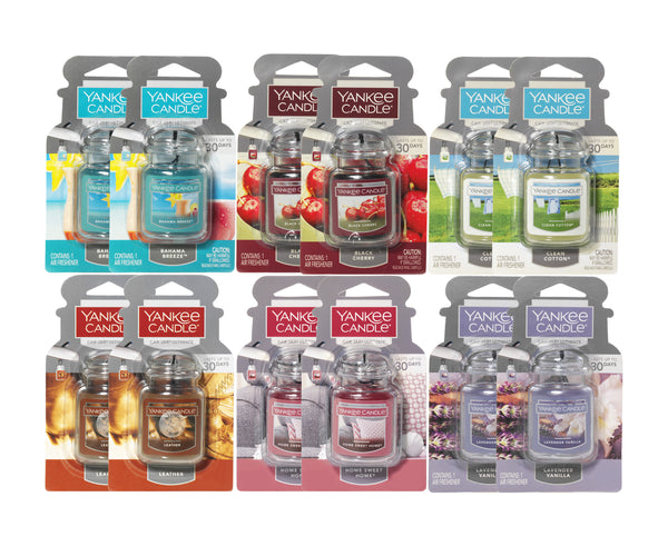 Yankee Candle Car Jar Ultimate Air Freshener Car Classics Bulk Variety Pack, 2 Bahama Breeze, 2 Black Cherry, 2 Clean Cotton, 2 Leather, 2 Home Sweet Home, 2 Lavender Vanilla, 0.96 oz (Pack of 12)