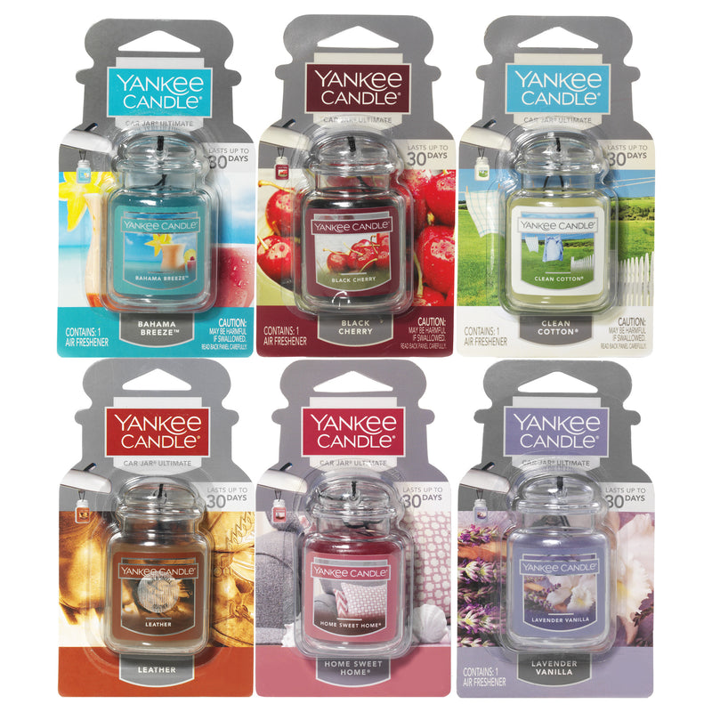 Yankee Candle Car Jar Ultimate Air Freshener Car Classics Sampler Variety Pack, 1 Bahama Breeze, 1 Black Cherry, 1 Clean Cotton, 1 Leather, 1 Home Sweet Home, 1 Lavender Vanilla, 0.96 oz (Pack of 6)