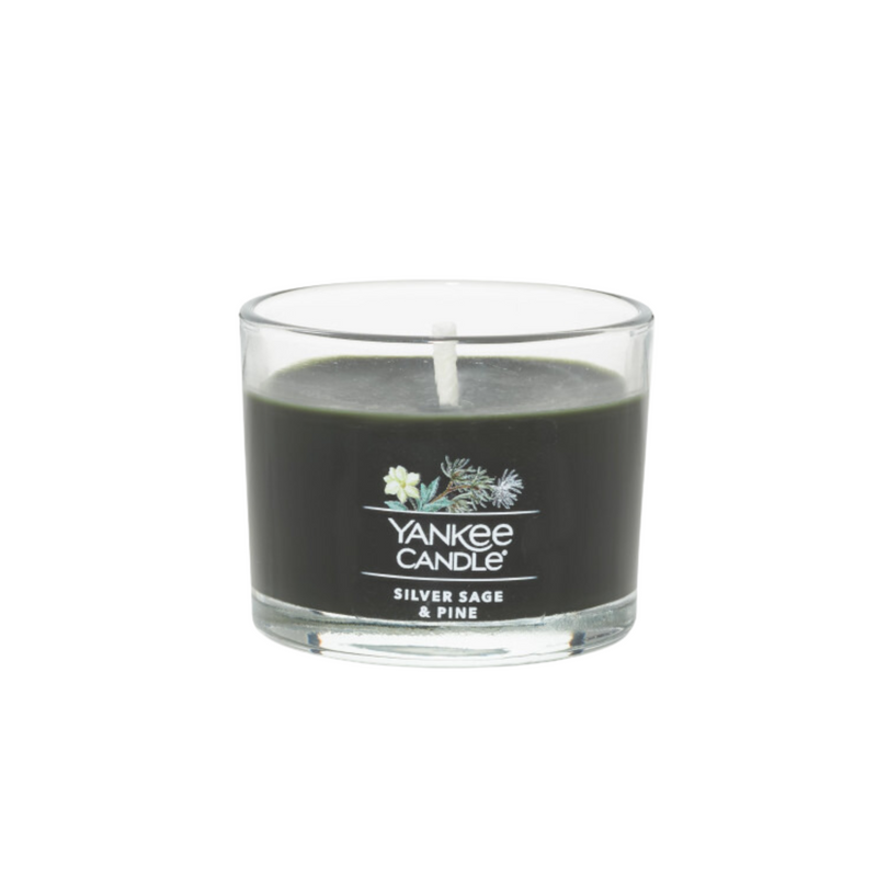 Yankee Candle Signature Votive Mini Candle Jar, Silver Sage & Pine Scent, Natural Soy Wax Blend Candle with Natural Fiber Wick, 1.3 OZ Glass Jar (Pack of 12)