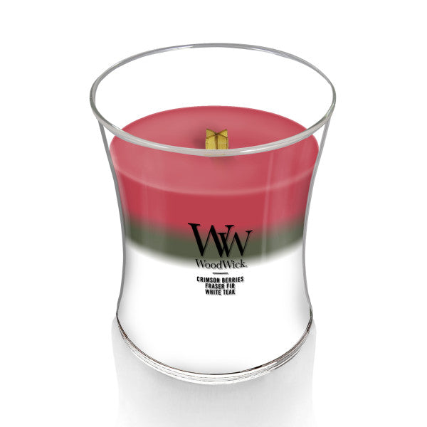 WoodWick Medium Winter Garland Trilogy Hourglass Scented Candle, Crackles as it Burns, Crimson Berries | Fraser Fir | White Teak, 9.7oz