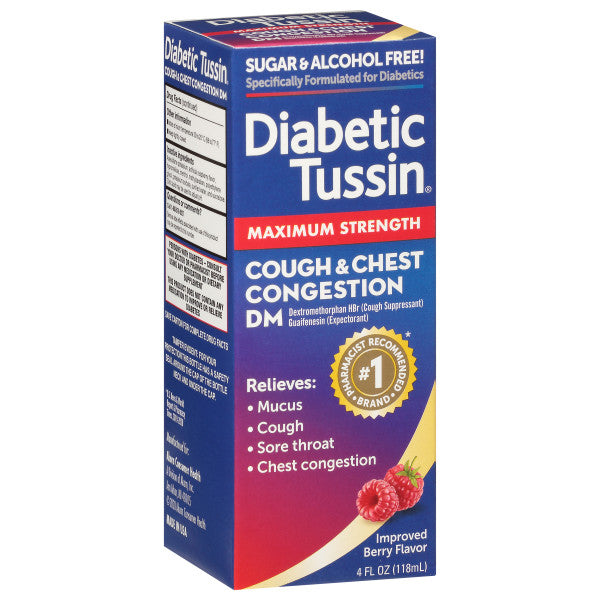 Diabetic Tussin DM Max Strength Cough & Chest Congestion Relief, Safe for Diabetics, Berry Flavored, 4 fl oz