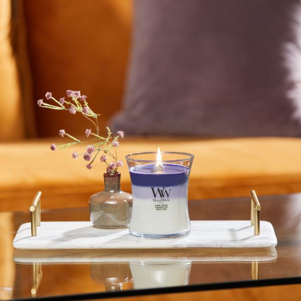 WoodWick Medium Evening Luxe Trilogy Hourglass Scented Candle, Crackles as it Burns, Hinoki Dahlia | Lavender Spa | White Teak, 9.7oz