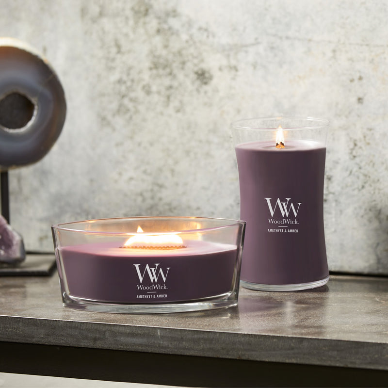 WoodWick Large Hourglass Scented Candle, Crackles as it Burns, Amethyst & Amber, 21oz