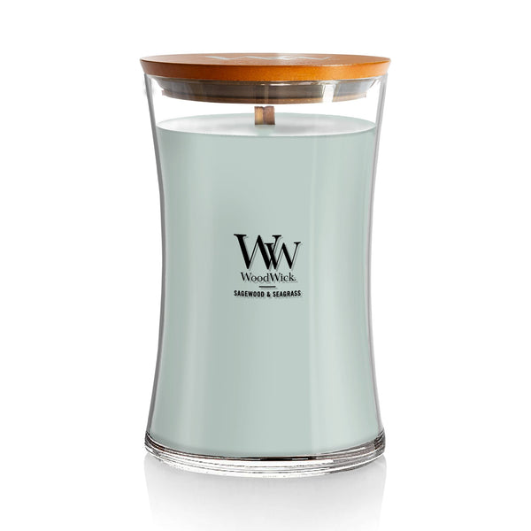 WoodWick Large Hourglass Scented Candle, Crackles as it Burns, Sagewood & Seagrass, 21oz