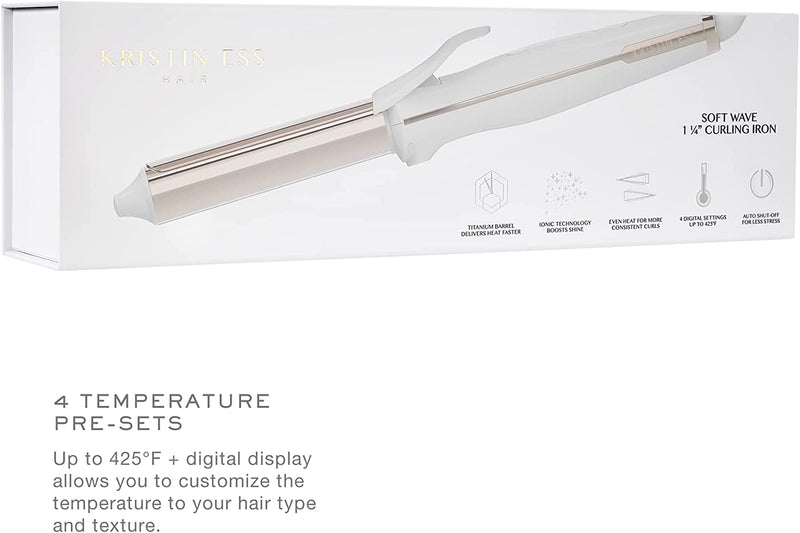 Kristin Ess Hair 1 ¼-Inch Titanium Curling Iron for Beach Waves/Curls for Medium & Long Hair, Ionic Technology, Fast Heat/Dual Voltage, Auto Shut-Off