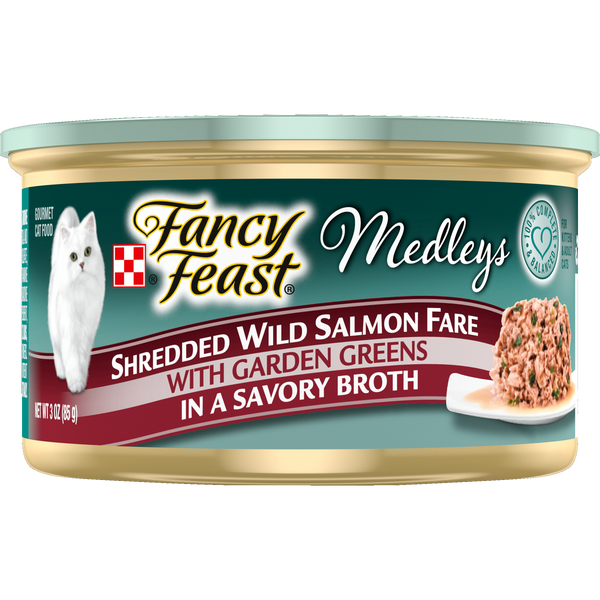 Purina Fancy Feast Medleys Shredded Wild Salmon Fare With Garden Greens in a Savory Broth Adult Wet Cat Food, 3 OZ - Trustables
