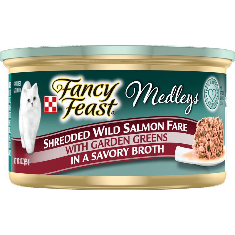 Purina Fancy Feast Medleys Shredded Wild Salmon Fare With Garden Greens in a Savory Broth Adult Wet Cat Food, 3 OZ - Trustables