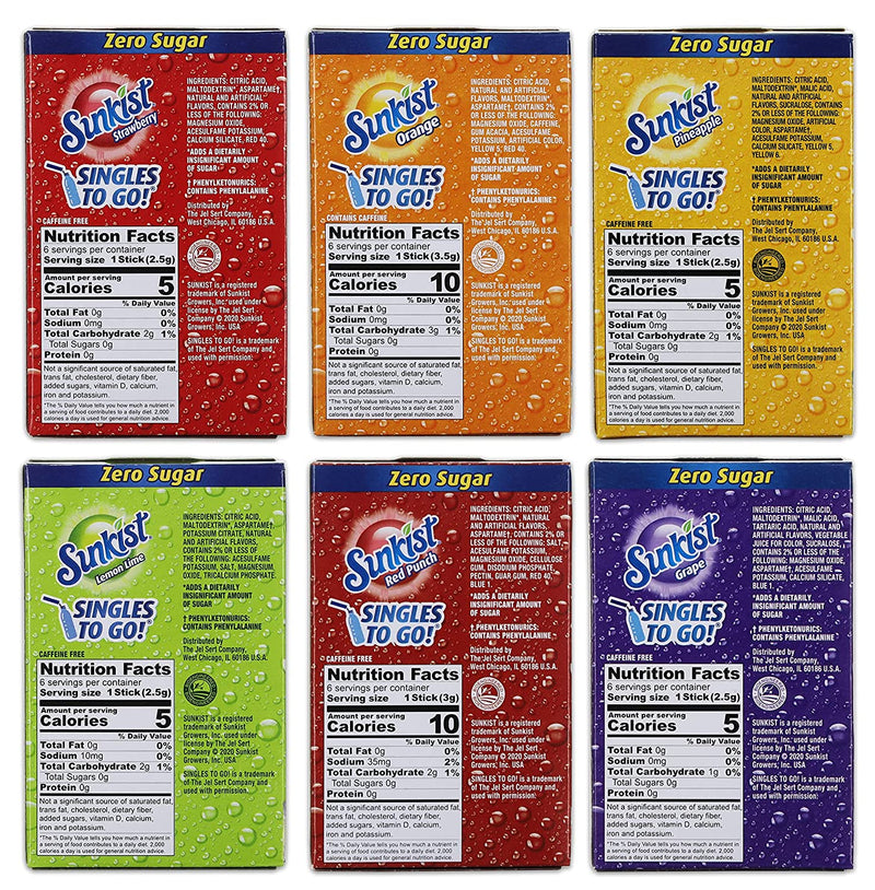 Sunkist Singles to go powdered drink mix variety pack nutritional information