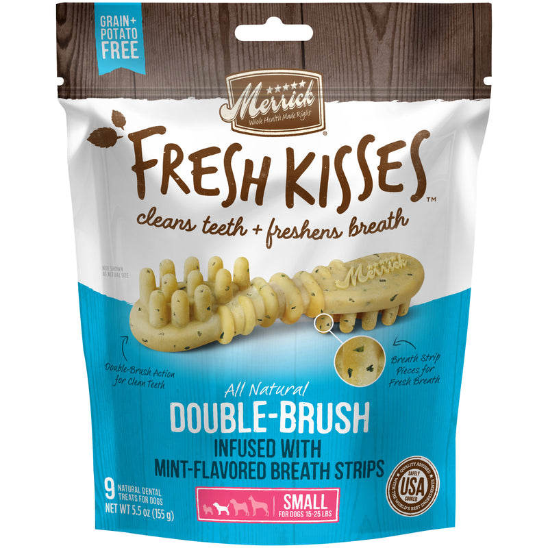 Merrick Fresh Kisses Double-Brush Dental Dog Treats With Mint Breath Strips For Small Dogs, 9 Brushes, 5.5 OZ - Trustables