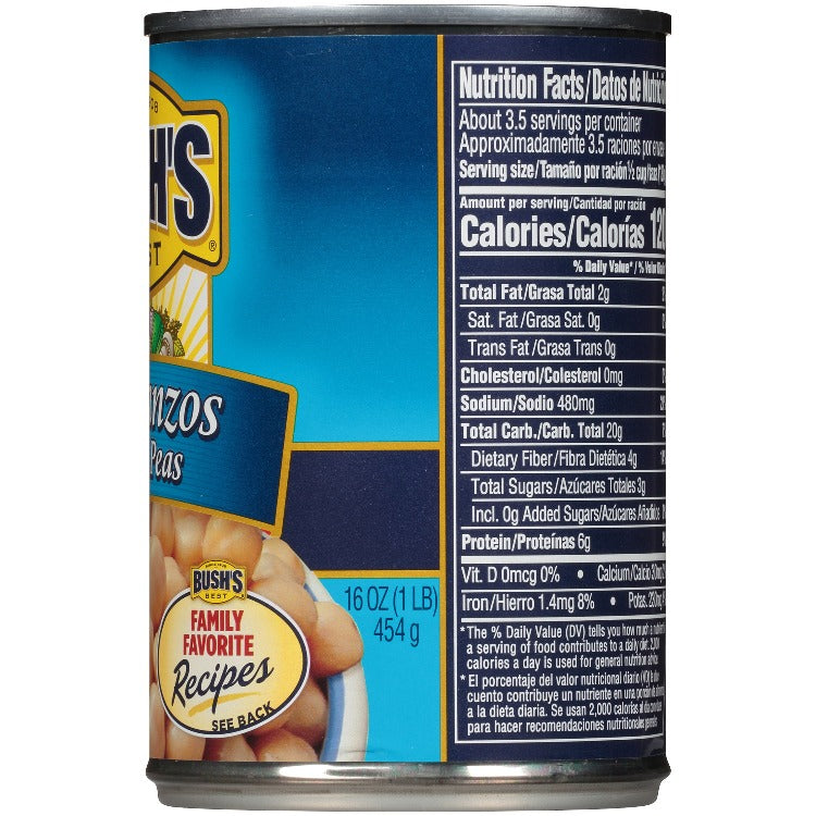 BUSH'S BEST Garbanzos Chick Peas side of can with nutrition facts