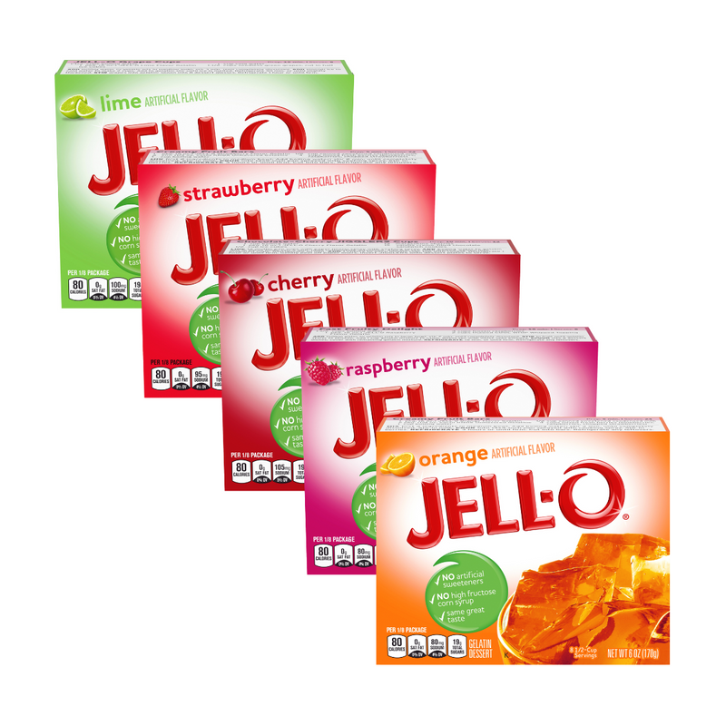 Jell-O Gelatin Dessert Variety Pack, 1 Orange, 1 Cherry, 1 Lime, 1 Strawberry, 1 Raspberry, 5 CT, 6 OZ