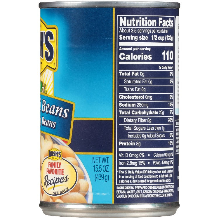 BUSH'S BEST Cannellini Beans side of can, BUSH'S BEST Cannellini Beans Nutritional information