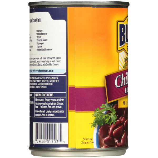 BUSH'S BEST Chili Beans in Mild Chili Sauce side of can, Chili Beans in Mild Chili Sauce recipe