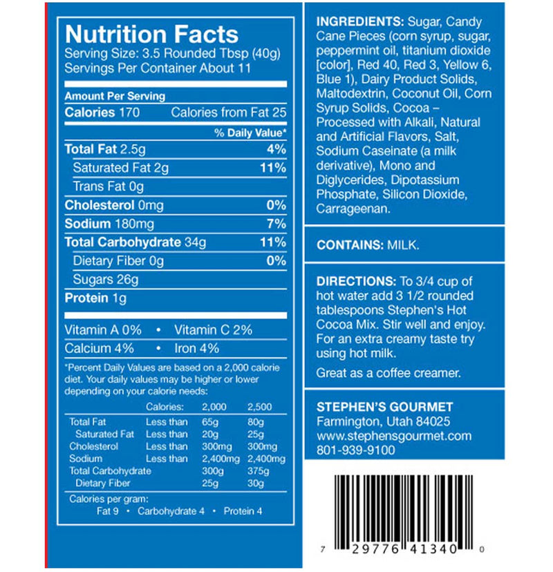 Stephen's Gourmet Candycane Cocoa Hot Chocolate Mix Nutritional information, Stephen's Gourmet Candycane Cocoa Hot cocoa Mix Nutritional information