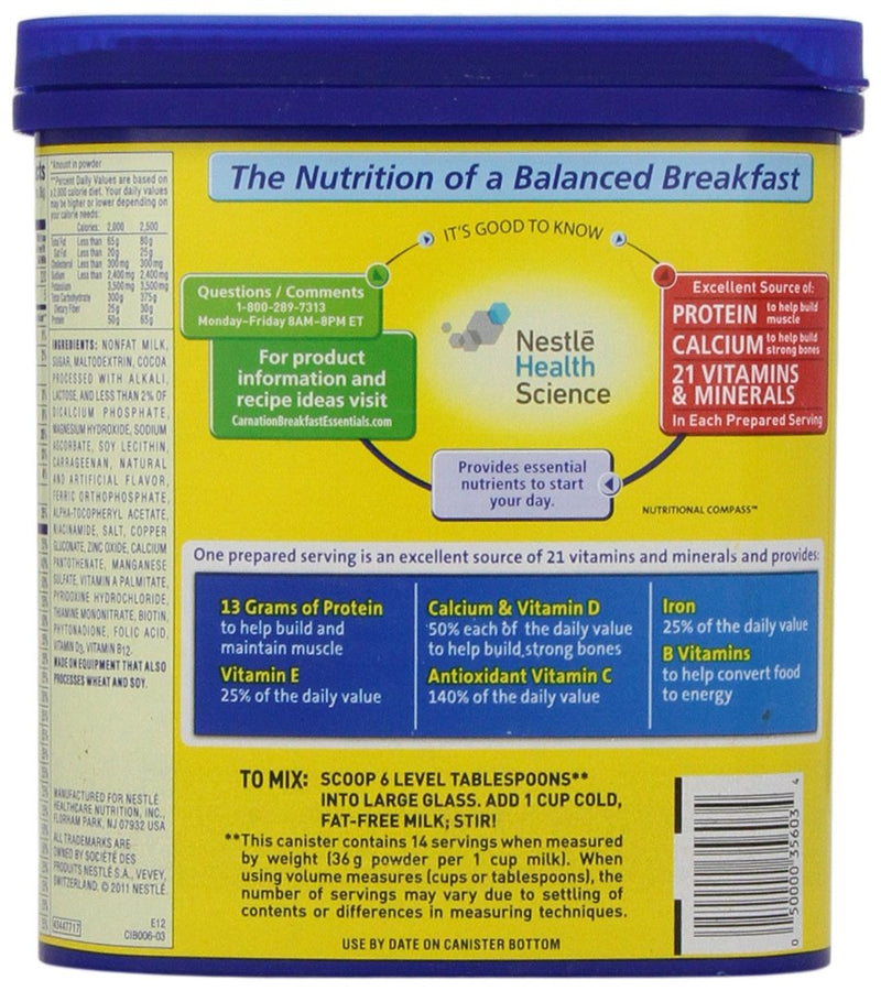 Carnation Breakfast Essentials® Instant Complete Chocolate Nutritional Drink Mix Nutritional information., Carnation Breakfast Essentials® Instant Complete Nutritional Drink ingredients