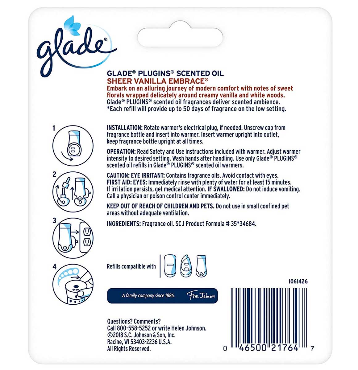 Glade Plugins Refills Sheer Vanilla Embrace 1.34 FL OZ, 2 CT