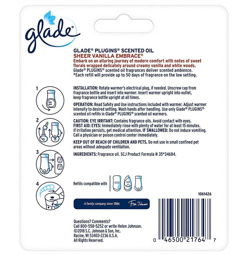 Glade PlugIns Scented Oil Air Freshener Refill, Sheer Vanilla Embrace, 2 refills, 1.34 fl oz