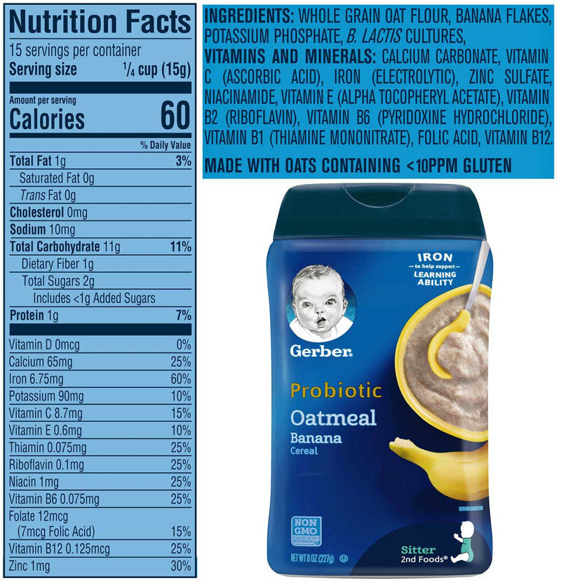 Gerber Baby Cereal, 2nd Foods, Probiotic Oatmeal Banana, 8 OZ - Trustables
