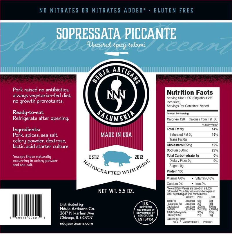 Nduja Artisans Sopressata Piccante Spicy Salami, 5.5 OZ - Trustables