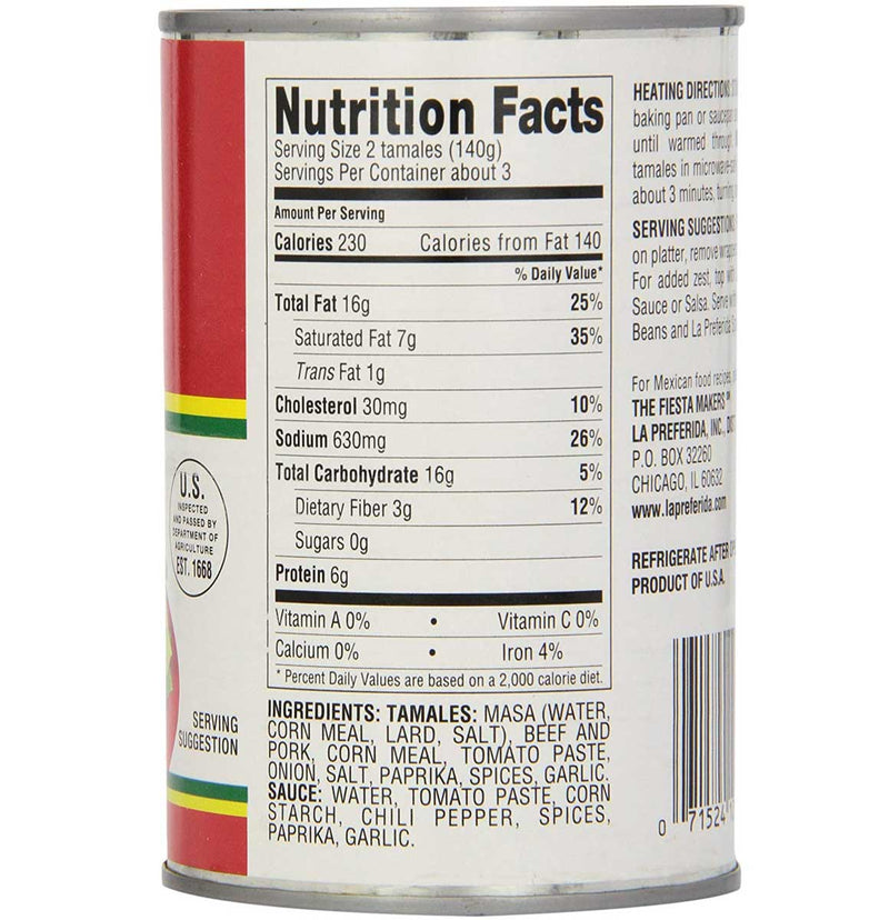 La Preferida Beef Tamales Nutritional information, La Preferida Beef Tamales Nutritional facts