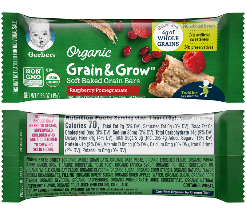 Gerber Organic Cereal Bars Variety Pack, 1 Organic Banana Mango Prune 5.5 OZ, 1 Organic Raspberry Pomegranate 5.5 OZ, 1 CT - Trustables