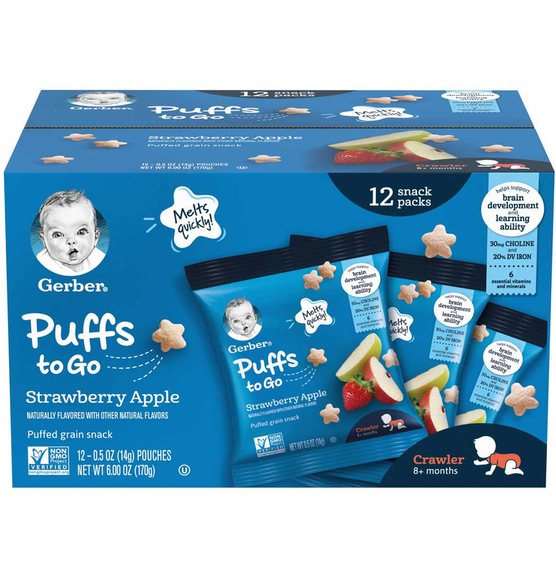 Gerber Puffs to Go Cereal Snack Packs, Strawberry Apple, 0.5 OZ, 12 CT - Trustables