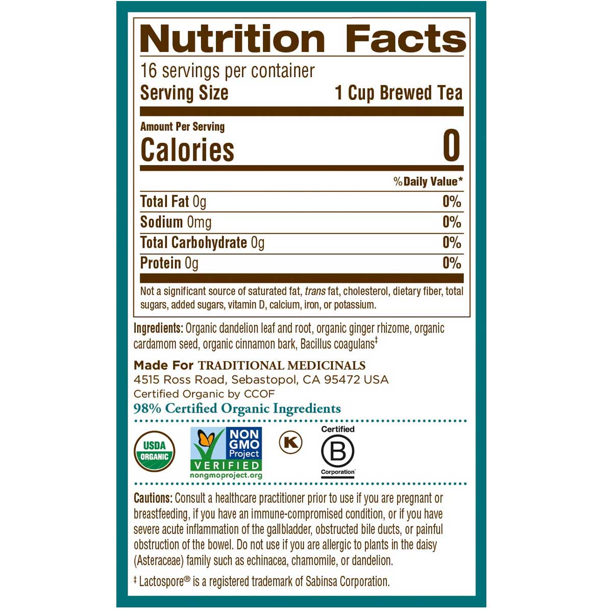 Traditional Medicinals Organic Dandelion Chai Probiotic Tea, 16 Tea Ba