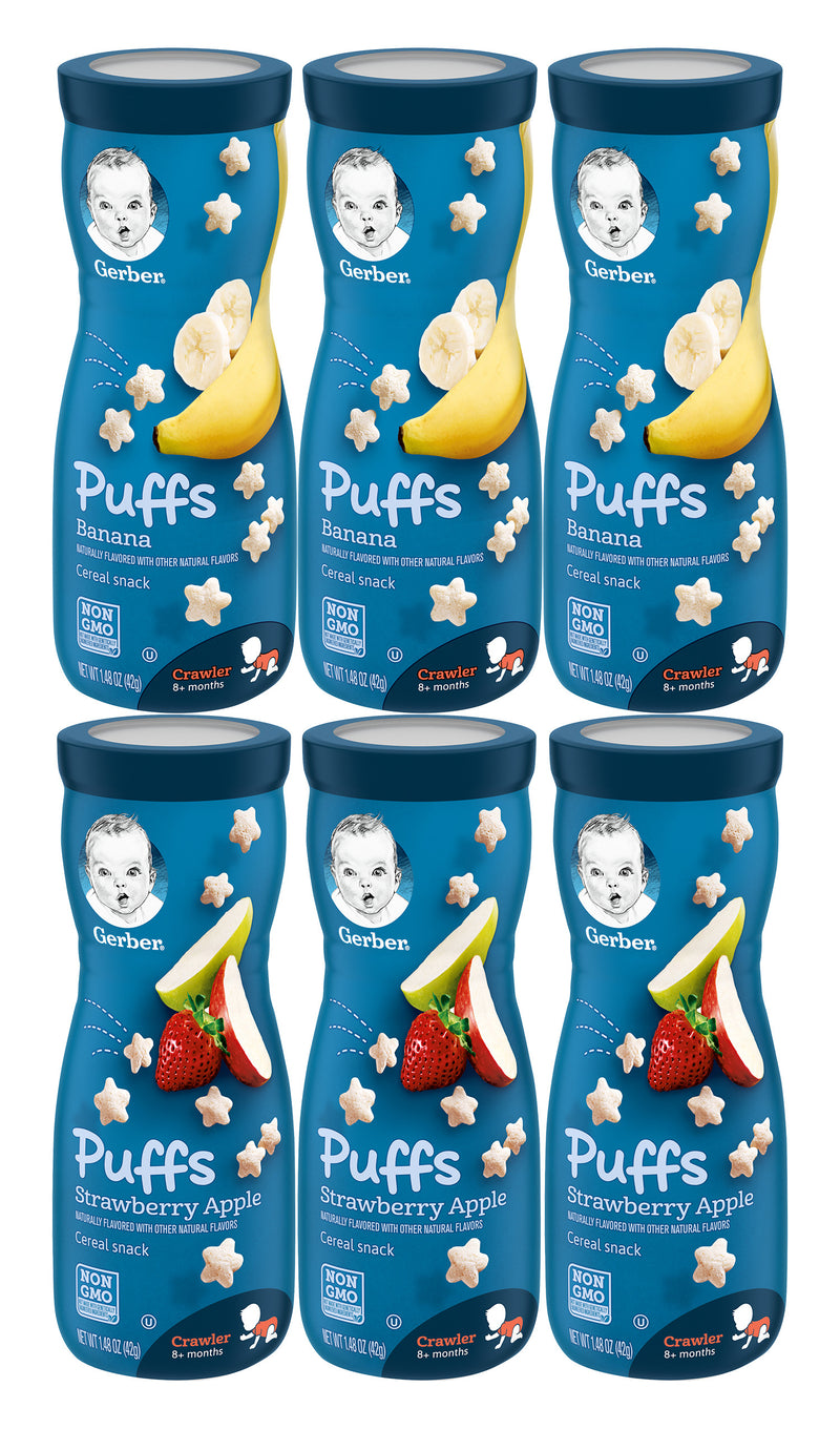 Gerber Puffs Variety Pack, 3 Banana, 3 Strawberry Apple, 6 CT - Trustables