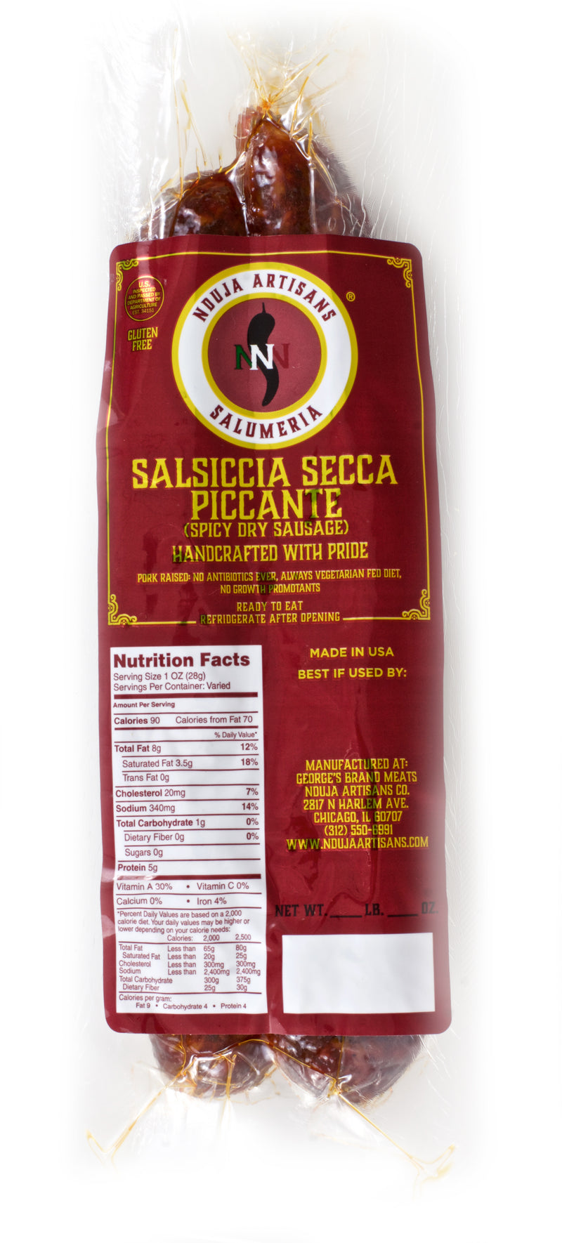 Nduja Artisans Salsiccia Secca Piccante Spicy Dry Sausage, 9 OZ - Trustables